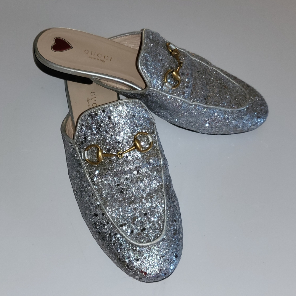 GUCCI Princetown Silver Glitter Mules 38.5